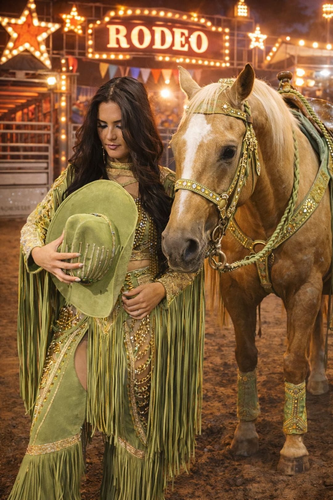 Bianca Camargo em traje country, ao lado de um cavalo, na entrada de um rodeio iluminado